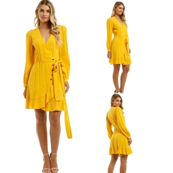 New Maje Seya Ruffled Polka-Dot Jacquard Marigold Wrap Dress NWT 10 US=XL/42 FR - Picture 6 of 10